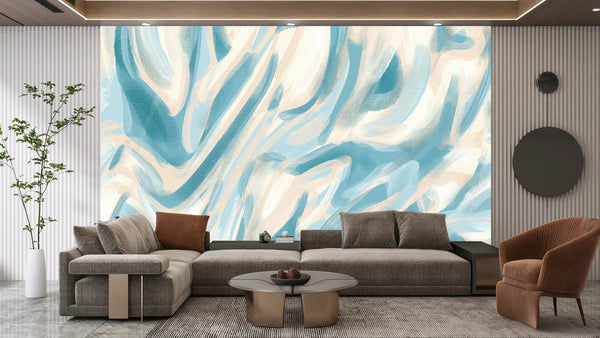 Abstract Teal, Beige Wallpaper, Paint Strokes Mural, Oversized Custom Size Wall Art, Non - Woven, Non - Adhesive, Modern Wall Paper, Removable - Adawall Wallpaper - Registered Trade Accounts Only, Wallpaper Wholesale Account - W78209 - Adawall Wholesale - Wallpaper Wholesaler