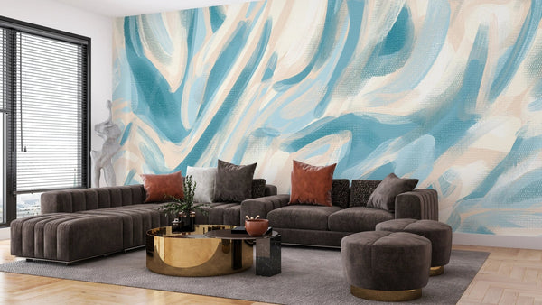 Abstract Teal, Beige Wallpaper, Paint Strokes Mural, Oversized Custom Size Wall Art, Non - Woven, Non - Adhesive, Modern Wall Paper, Removable - Adawall Wallpaper - Registered Trade Accounts Only, Wallpaper Wholesale Account - W78209 - Adawall Wholesale - Wallpaper Wholesaler