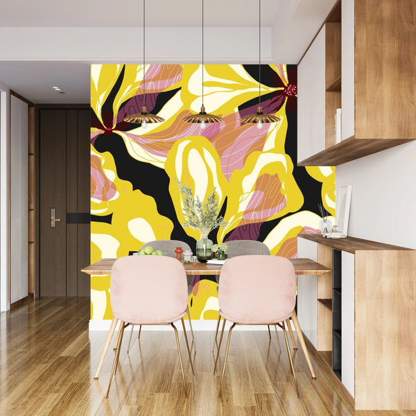 Abstract Yellow Flowers Wallpaper, Seamless Pattern Mural, Oversized Custom Size Wall Art, Non - Woven, Non - Adhesive, Modern Wall Paper, Removable - Adawall Wallpaper - Registered Trade Accounts Only, Wallpaper Wholesale Account - W77736 - Adawall Wholesale - Wallpaper Wholesaler