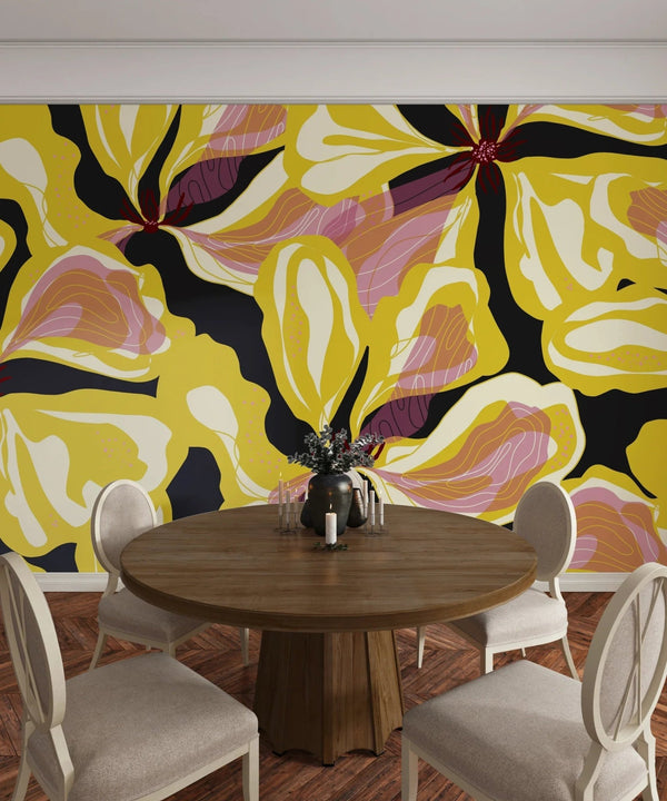 Abstract Yellow Flowers Wallpaper, Seamless Pattern Mural, Oversized Custom Size Wall Art, Non - Woven, Non - Adhesive, Modern Wall Paper, Removable - Adawall Wallpaper - Registered Trade Accounts Only, Wallpaper Wholesale Account - W77736 - Adawall Wholesale - Wallpaper Wholesaler