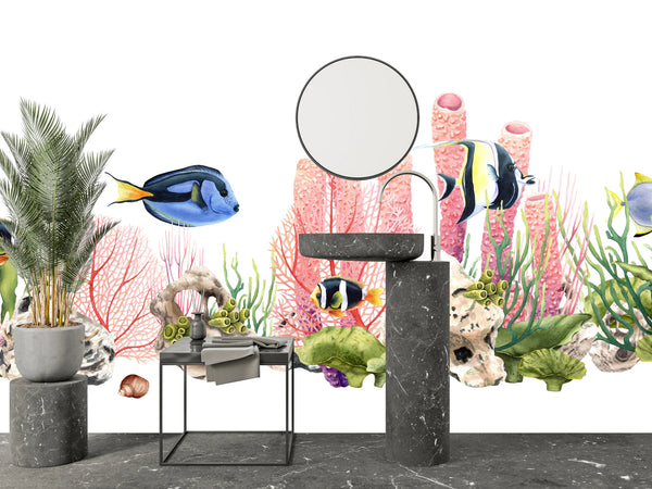 Fishes and Corals Wallpaper, White Background Mural, Oversized Custom Size Wall Art, Non-Woven, Non-Adhesive, Modern Wall Paper, Removable