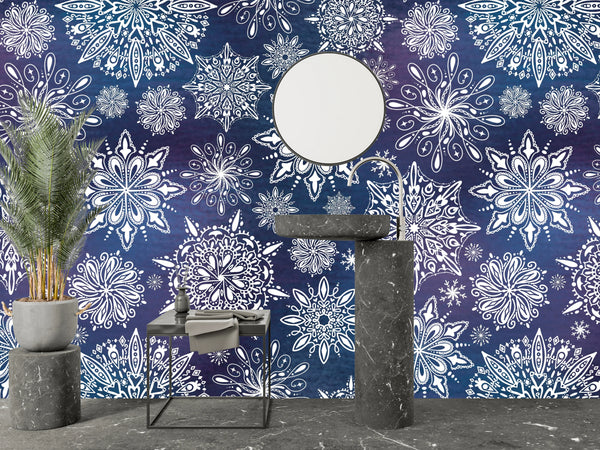 Snowflakes, Dark Blue and Purple Background Wallpaper, Seamless Pattern Mural, Oversized Custom Size Wall Art, Non-Woven, Non-Adhesive, Modern Wall Paper, Removable