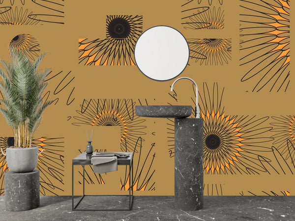 Abstract Sunflower Elements Wallpaper, Seamless Pattern Mural, Oversized Custom Size Wall Art, Non-Woven, Non-Adhesive, Modern Wall Paper, Removable