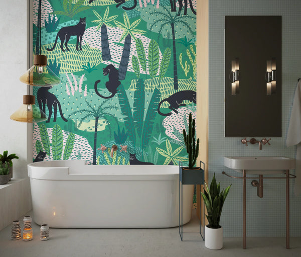 Panthers and Tropical Leaves Wallpaper, Seamless Pattern Mural, Oversized Custom Size Wall Art, Non-Woven, Non-Adhesive, Modern Wall Paper, Removable