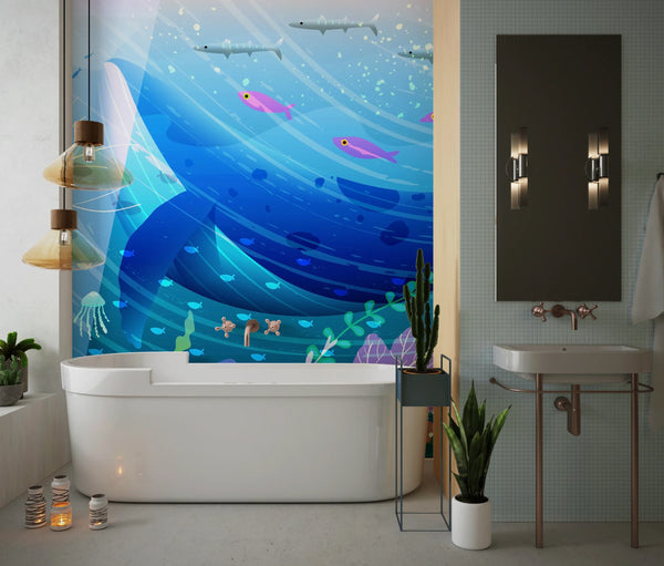 Whale and Fishes Wallpaper, Underwater Scene Mural, Oversized Custom Size Wall Art, Non-Woven, Non-Adhesive, Modern Wall Paper, Removable