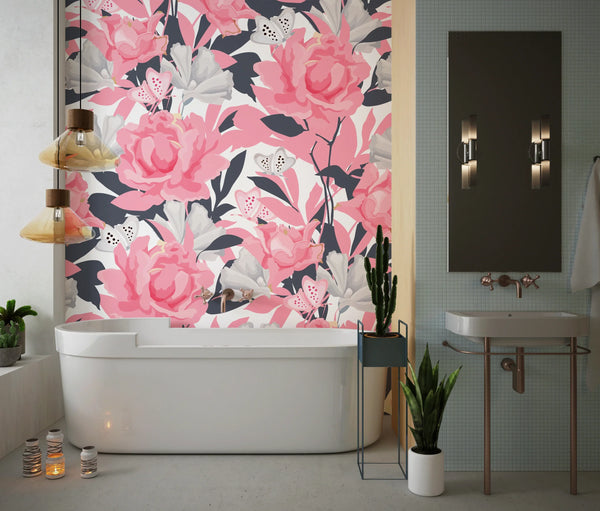 Pink Flowers Wallpaper, Seamless Pattern Mural, Oversized Custom Size Wall Art, Non-Woven, Non-Adhesive, Modern Wall Paper, Removable