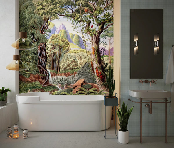 Botanical Wallpaper, Colorful Jungle Scene Mural, Oversized Custom Size Wall Art, Non-Woven, Non-Adhesive, Modern Wall Paper, Removable