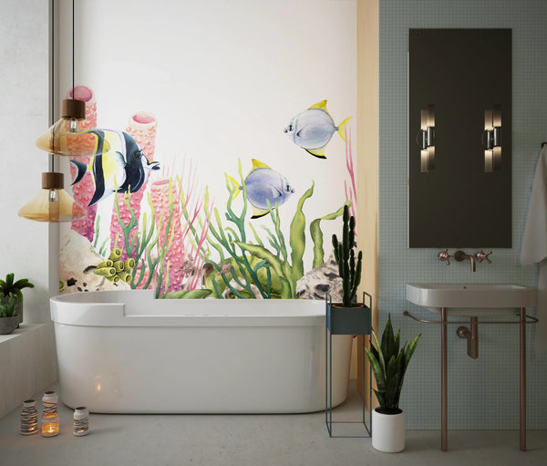 Fishes and Corals Wallpaper, White Background Mural, Oversized Custom Size Wall Art, Non-Woven, Non-Adhesive, Modern Wall Paper, Removable