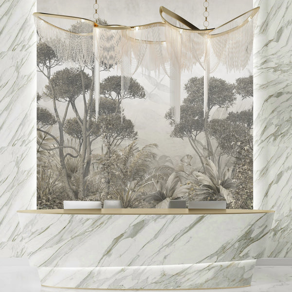 Tropical Trees Wallpaper, Foggy Forest Mural, Oversized Custom Size Wall Art, Non-Woven, Non-Adhesive, Modern Wall Paper, Removable