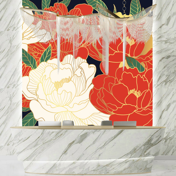 White and Red Peonies Wallpaper, Luxurious Gold Mural, Oversized Custom Size Wall Art, Non-Woven, Non-Adhesive, Modern Wall Paper, Removable