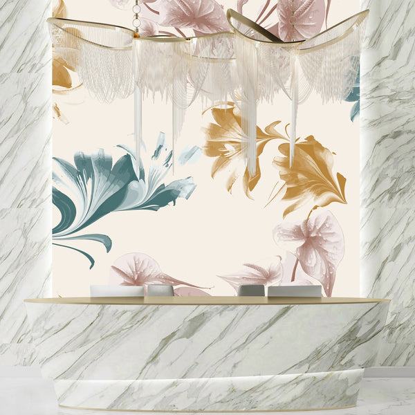 Watercolor Flower and Leaf Wallpaper, Seamless Pattern Mural, Oversized Custom Size Wall Art, Non-Woven, Non-Adhesive, Modern Wall Paper, Removable