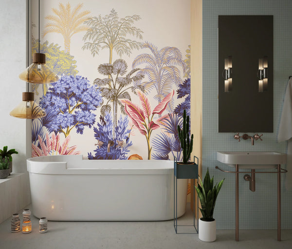 Tropical Vintage Landscape Wallpaper, Trees Wall Mural, Oversized Custom Size Wall Art, Non-Woven, Non-Adhesive, Modern Wall Paper, Removable