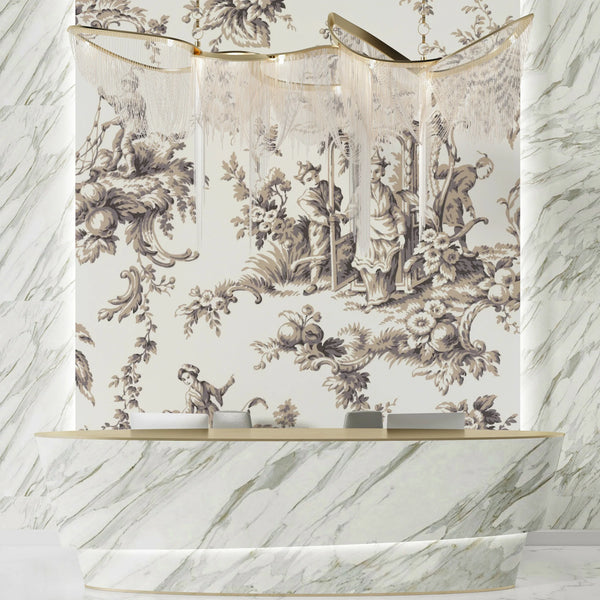 Toile de Jouy French Wallpaper, White Background Pattern Mural, Oversized Custom Size Wall Art, Non-Woven, Non-Adhesive, Modern Wall Paper, Removable