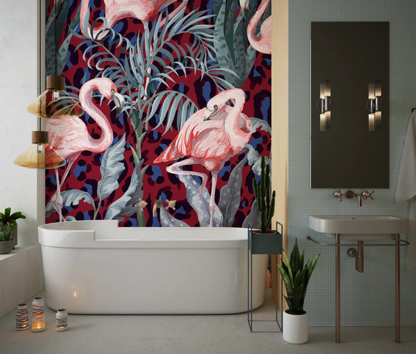 Pink Flamingo Wallpaper, Seamless Pattern Mural, Oversized Custom Size Wall Art, Non-Woven, Non-Adhesive, Modern Wall Paper, Removable