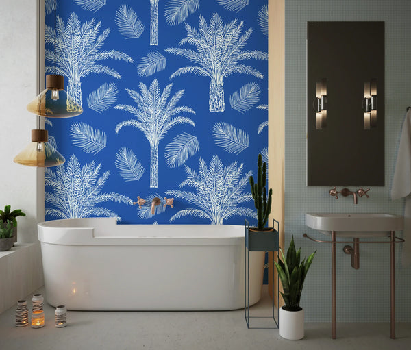 Palm Trees and Leaves Wallpaper, Seamless Pattern Mural, Oversized Custom Size Wall Art, Non-Woven, Non-Adhesive, Modern Wall Paper, Removable