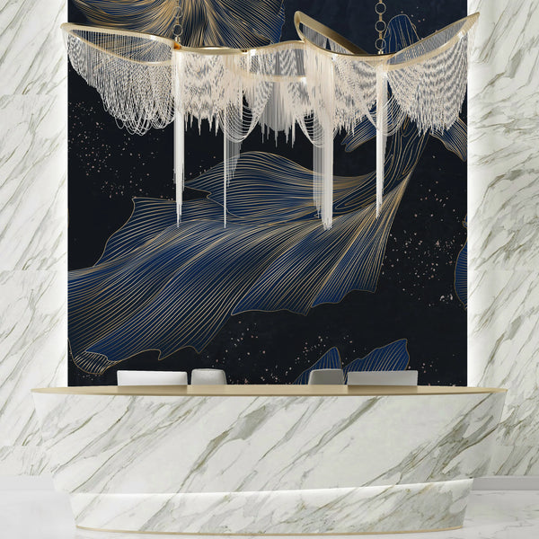 Koi Fish Wallpaper, Golden Line Style Wall Mural, Oversized Custom Size Wall Art, Non-Woven, Non-Adhesive, Modern Wall Paper, Removable