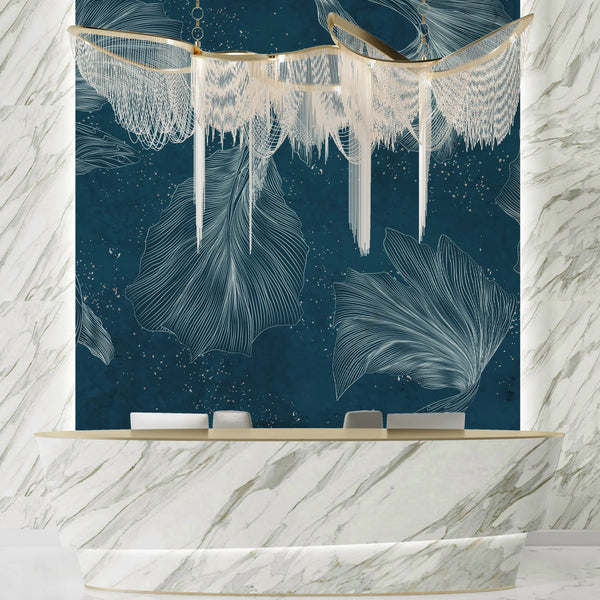 Koi Fish Wallpaper, Silver Line Style Wall Mural, Oversized Custom Size Wall Art, Non-Woven, Non-Adhesive, Modern Wall Paper, Removable