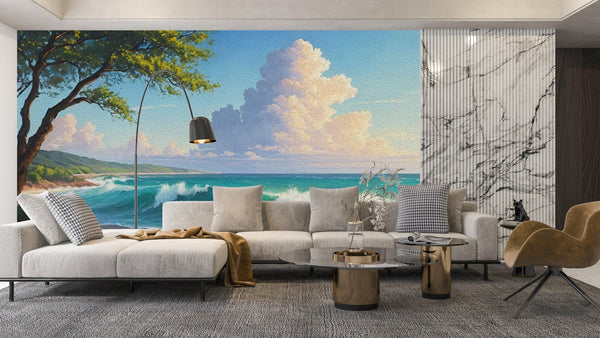 Beautiful Sea Waves and Tree Wallpaper, Oil Painting Mural, Oversized Custom Size Wall Art, Non - Woven, Non - Adhesive, Modern Wall Paper, Removable - Adawall Wallpaper - Registered Trade Accounts Only, Wallpaper Wholesale Account - W77608 - Adawall Wholesale - Wallpaper Wholesaler