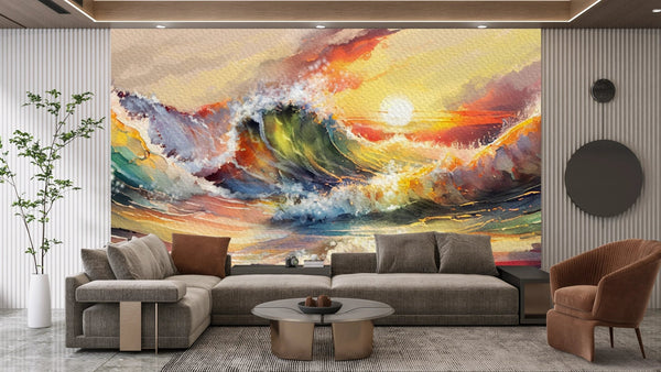 Beautiful Sunset Over Ocean Wallpaper, Oil Painting Mural, Oversized Custom Size Wall Art, Non - Woven, Non - Adhesive, Modern Wall Paper, Removable - Adawall Wallpaper - Registered Trade Accounts Only, Wallpaper Wholesale Account - W77607 - Adawall Wholesale - Wallpaper Wholesaler