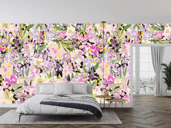 Abstract Floral Wallpaper, Seamless Pattern Mural, Oversized Custom Size Wall Art, Non-Woven, Non-Adhesive, Modern Wall Paper, Removable
