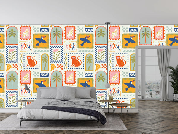 Retro Tropical Summer Wallpaper, Seamless Pattern Mural, Oversized Custom Size Wall Art, Non-Woven, Non-Adhesive, Modern Wall Paper, Removable