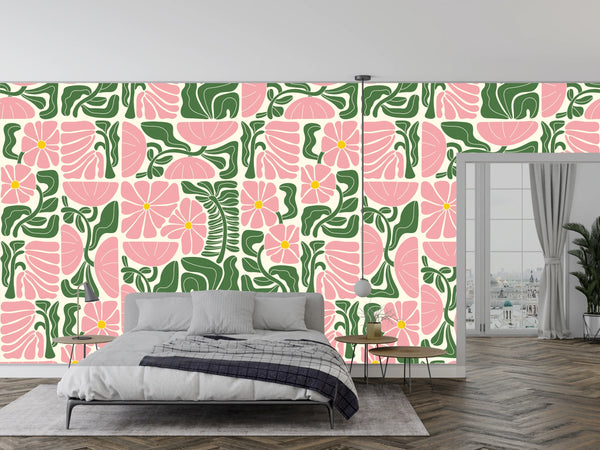Abstract Geometric Floral Wallpaper, Seamless Pattern Mural, Oversized Custom Size Wall Art, Non-Woven, Non-Adhesive, Modern Wall Paper, Removable