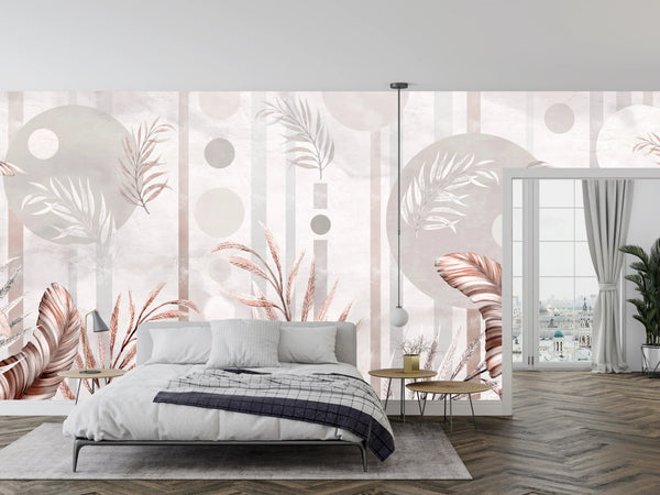 Tropical Plants Wallpaper, Geometric Shapes Mural, Oversized Custom Size Wall Art, Non-Woven, Non-Adhesive, Modern Wall Paper, Removable