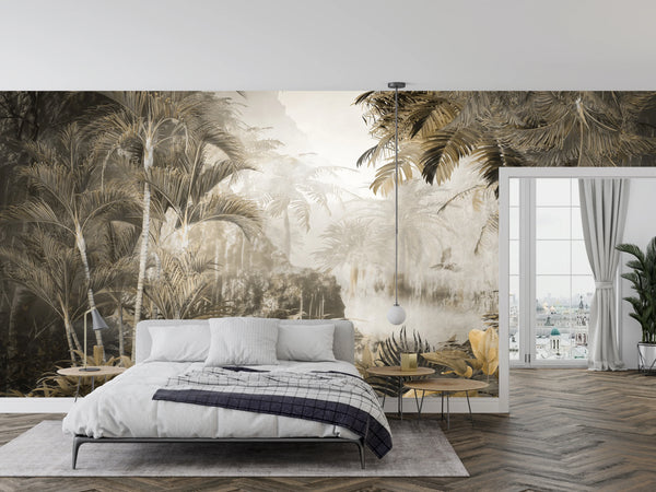 Tropical Wallpaper, Foggy Forest Mural, Oversized Custom Size Wall Art, Non-Woven, Non-Adhesive, Modern Wall Paper, Removable