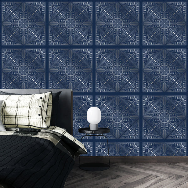 Silver Art Deco Wallpaper, Dark Blue Background Mural, Oversized Custom Size Wall Art, Non-Woven, Non-Adhesive, Modern Wall Paper, Removable