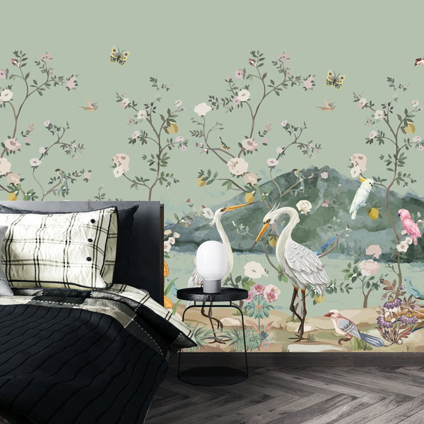 Chinoiserie, Birds Wallpaper, Seamless Pattern Mural, Oversized Custom Size Wall Art, Non-Woven, Non-Adhesive, Modern Wall Paper, Removable