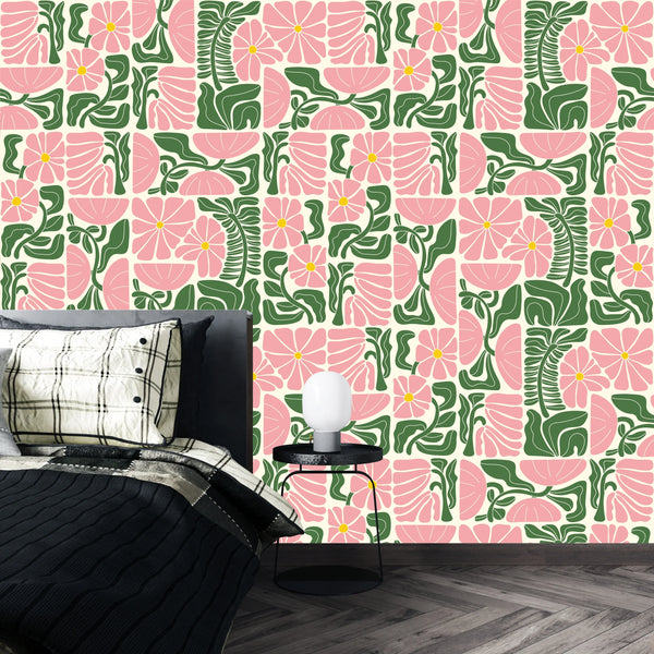 Abstract Geometric Floral Wallpaper, Seamless Pattern Mural, Oversized Custom Size Wall Art, Non-Woven, Non-Adhesive, Modern Wall Paper, Removable