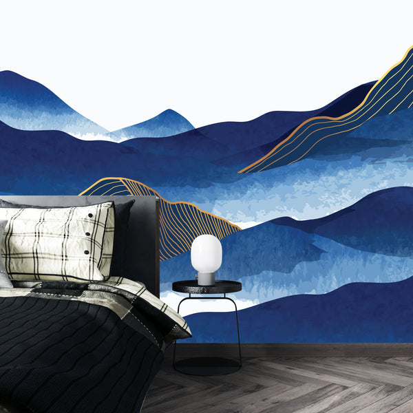 Blue Mountain Wallpaper, Golden Lines Mural, Oversized Custom Size Wall Art, Non-Woven, Non-Adhesive, Modern Wall Paper, Removable
