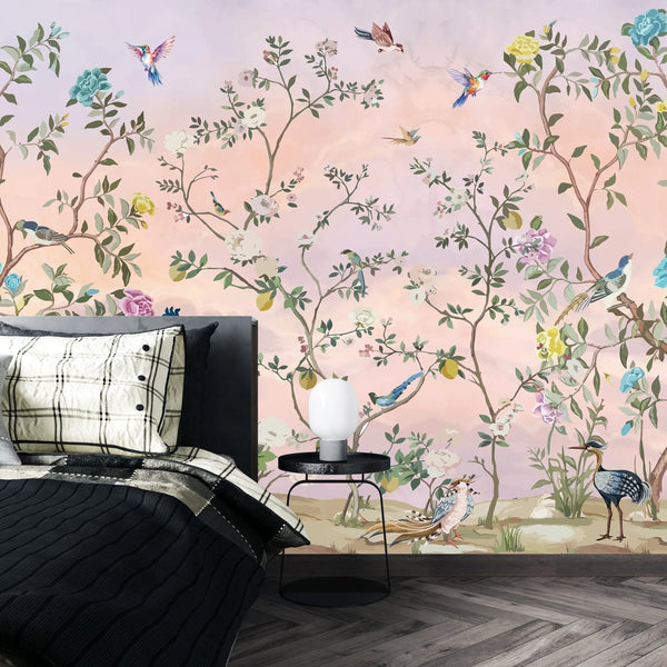 Chinoiserie Wallpaper, Floral Trees Mural, Oversized Custom Size Wall Art, Non-Woven, Non-Adhesive, Modern Wall Paper, Removable