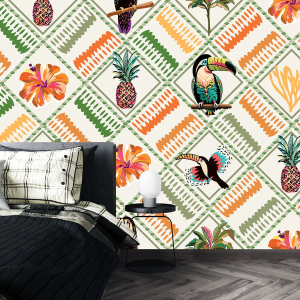 Tropical, Parrot, Pineapple Wallpaper, Seamless Pattern Mural, Oversized Custom Size Wall Art, Non-Woven, Non-Adhesive, Modern Wall Paper, Removable
