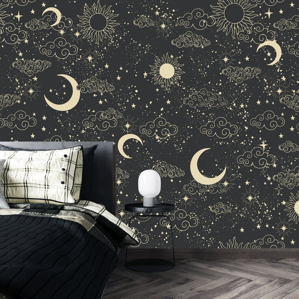 Celestial Pattern Wallpaper, Black Background Mural, Oversized Custom Size Wall Art, Non-Woven, Non-Adhesive, Modern Wall Paper, Removable