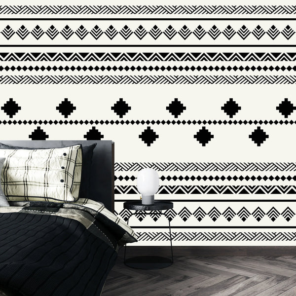 Ethnic Tribal Black and White Wallpaper, Seamless Pattern Mural, Oversized Custom Size Wall Art, Non-Woven, Non-Adhesive, Modern Wall Paper, Removable