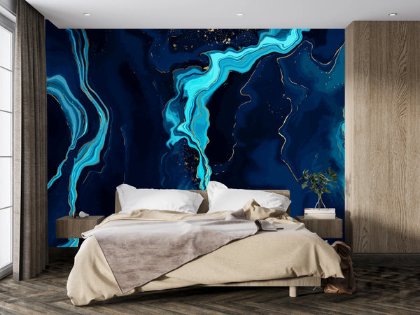 Dark Blue Marble Wallpaper, Gold Abstract Mural, Oversized Custom Size Wall Art, Non-Woven, Non-Adhesive, Modern Wall Paper, Removable