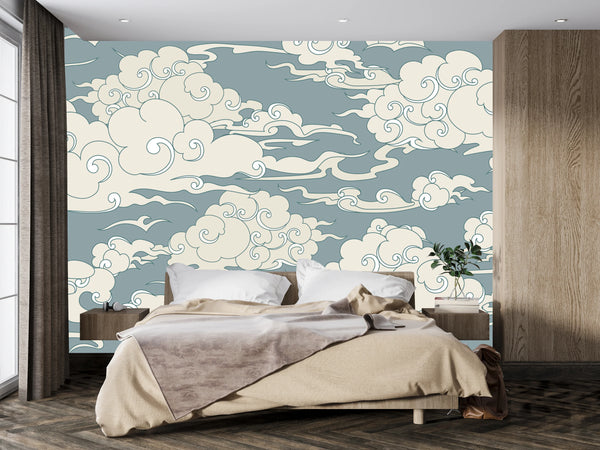 Clouds, Gray Background Wallpaper, Seamless Pattern Mural, Oversized Custom Size Wall Art, Non-Woven, Non-Adhesive, Modern Wall Paper, Removable
