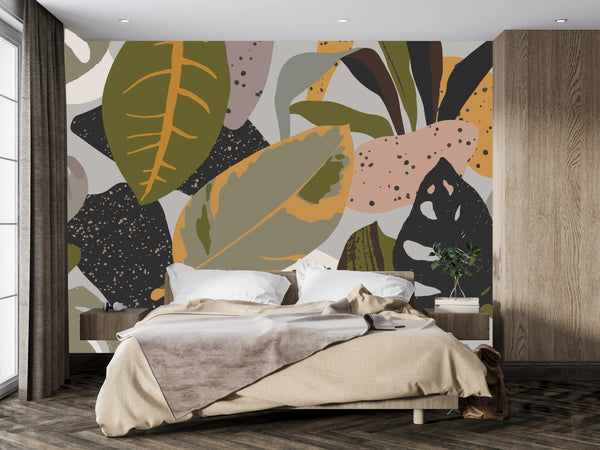 Abstract Botanical Wallpaper, Seamless Pattern Mural, Oversized Custom Size Wall Art, Non-Woven, Non-Adhesive, Modern Wall Paper, Removable