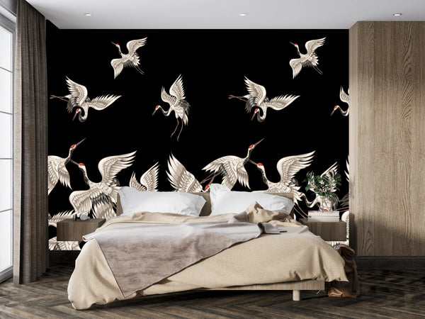 Japanese White Cranes Wallpaper, Seamless Pattern Mural, Oversized Custom Size Wall Art, Non-Woven, Non-Adhesive, Modern Wall Paper, Removable