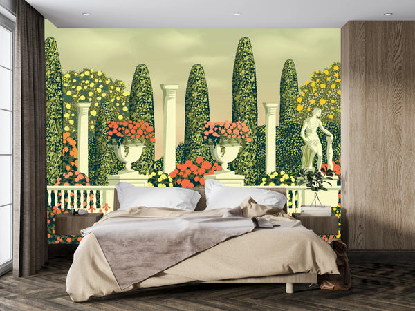 Flower Beds Wallpaper, Terrace in the Park Mural, Oversized Custom Size Wall Art, Non-Woven, Non-Adhesive, Modern Wall Paper, Removable