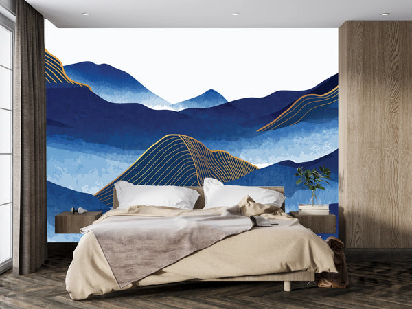 Blue Mountain Wallpaper, Golden Lines Mural, Oversized Custom Size Wall Art, Non-Woven, Non-Adhesive, Modern Wall Paper, Removable