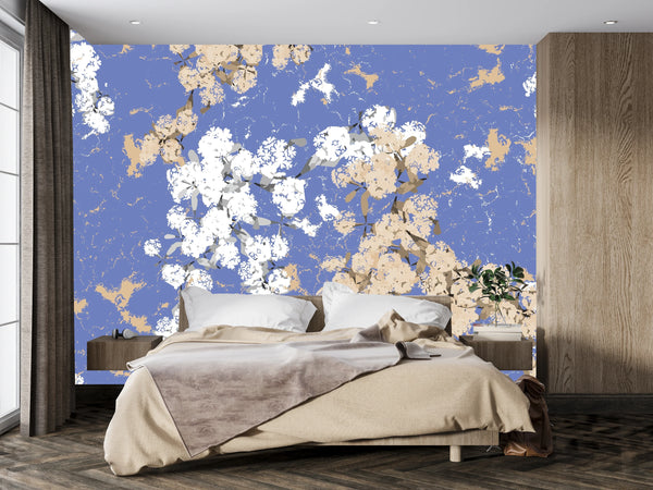 Abstract Floral, Blue Background Wallpaper, Seamless Pattern Mural, Oversized Custom Size Wall Art, Non-Woven, Non-Adhesive, Modern Wall Paper, Removable