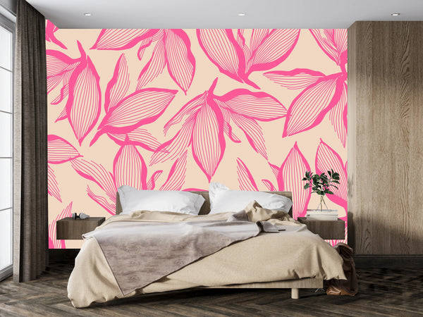 Pink Exotic Flowers Wallpaper, Seamless Pattern Mural, Oversized Custom Size Wall Art, Non-Woven, Non-Adhesive, Modern Wall Paper, Removable