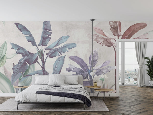 Soft Color Tropical Leaves Wallpaper, Banana Trees Mural, Oversized Custom Size Wall Art, Non-Woven, Non-Adhesive, Modern Wall Paper, Removable