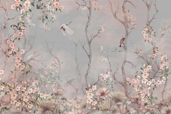 Birds Trees Nature Scene Wallpaper, Tropical Botanical Wall Mural, Gray Customized Wallpaper, Home Decor, Bedroom, Store, Forest Large Wall Art - Adawall Wallpaper - Registered Trade Accounts Only, Wallpaper Wholesale Account - A305-1 - Adawall Wholesale - Wallpaper Wholesaler