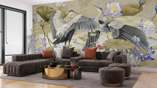 Birds Wallpaper, Lotus Mural, Oversized Custom Size Wall Art, Non - Woven, Non - Adhesive, Modern Wall Paper, Removable - Adawall Wallpaper - Registered Trade Accounts Only, Wallpaper Wholesale Account - W77501 - Adawall Wholesale - Wallpaper Wholesaler