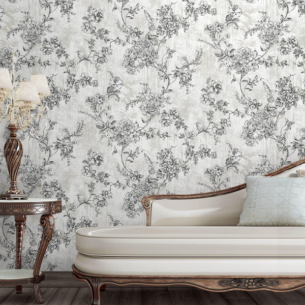 Black & White Elegant Chinoiserie Blossom Floral Wallpaper, Animal Print Birds Flowers Botanical Pattern - Adawall Wallpaper - Registered Trade Accounts Only, Wallpaper Wholesale Account - 9914-1 - Adawall Wholesale - Wallpaper Wholesaler