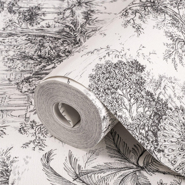 Black & White Tropical Toile Textured Wallpaper, Stylish Plants Animals Jungle Forest Theme Wallcovering - Adawall Wallpaper - Registered Trade Accounts Only, Wallpaper Wholesale Account - 9909-1 - Adawall Wholesale - Wallpaper Wholesaler