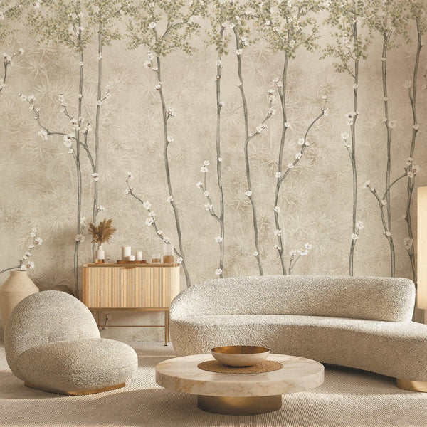 Bloom Flowers Wall Mural, Light Beige Floral Blossom Wallpaper, Oversized Nature Art Customized Wall Covering, Non - Woven, Non - Adhesive, Removable - Adawall Wallpaper - Registered Trade Accounts Only, Wallpaper Wholesale Account - SE311-2 - Adawall Wholesale - Wallpaper Wholesaler